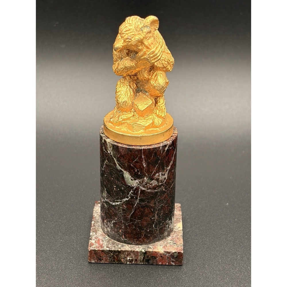 Vintage Monkey Figurine on Marble Base Gold Tone Statue Paperweight Desk Decor